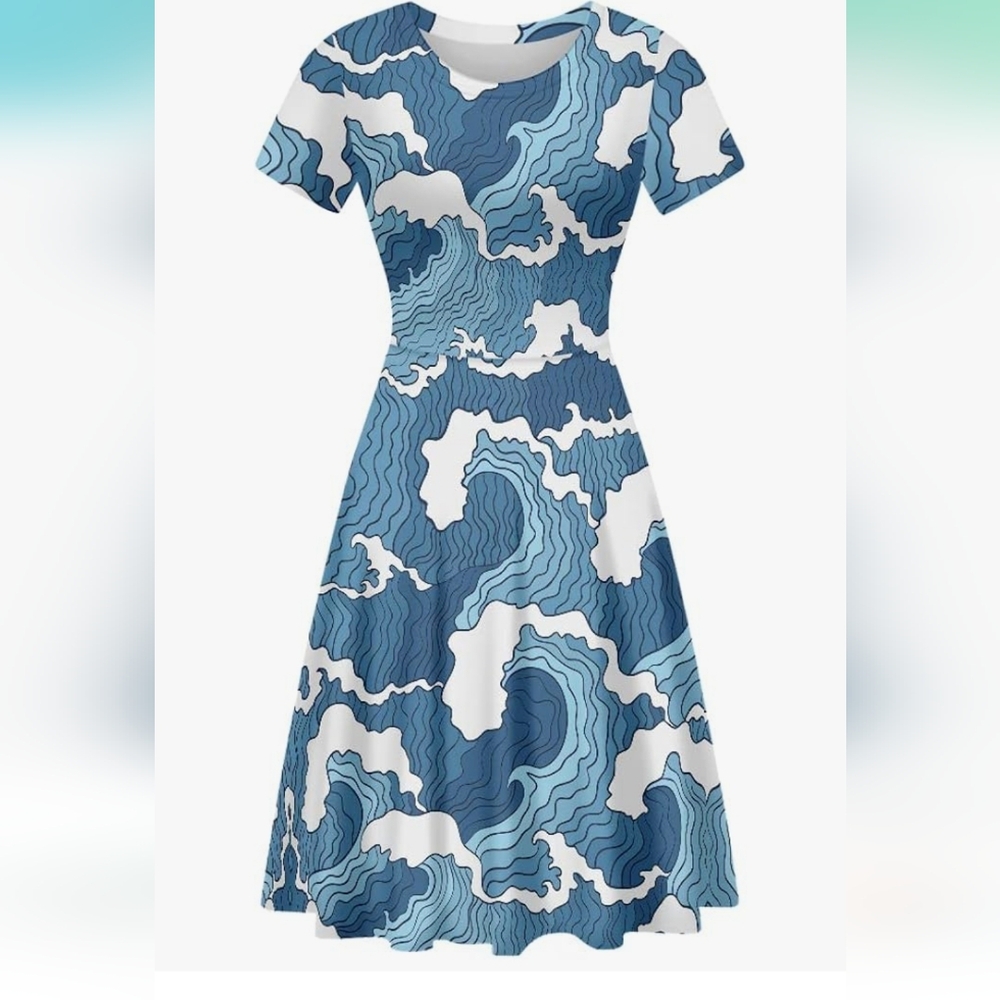 Blue Ocean Waves Print Pattern A-line Midi Dress